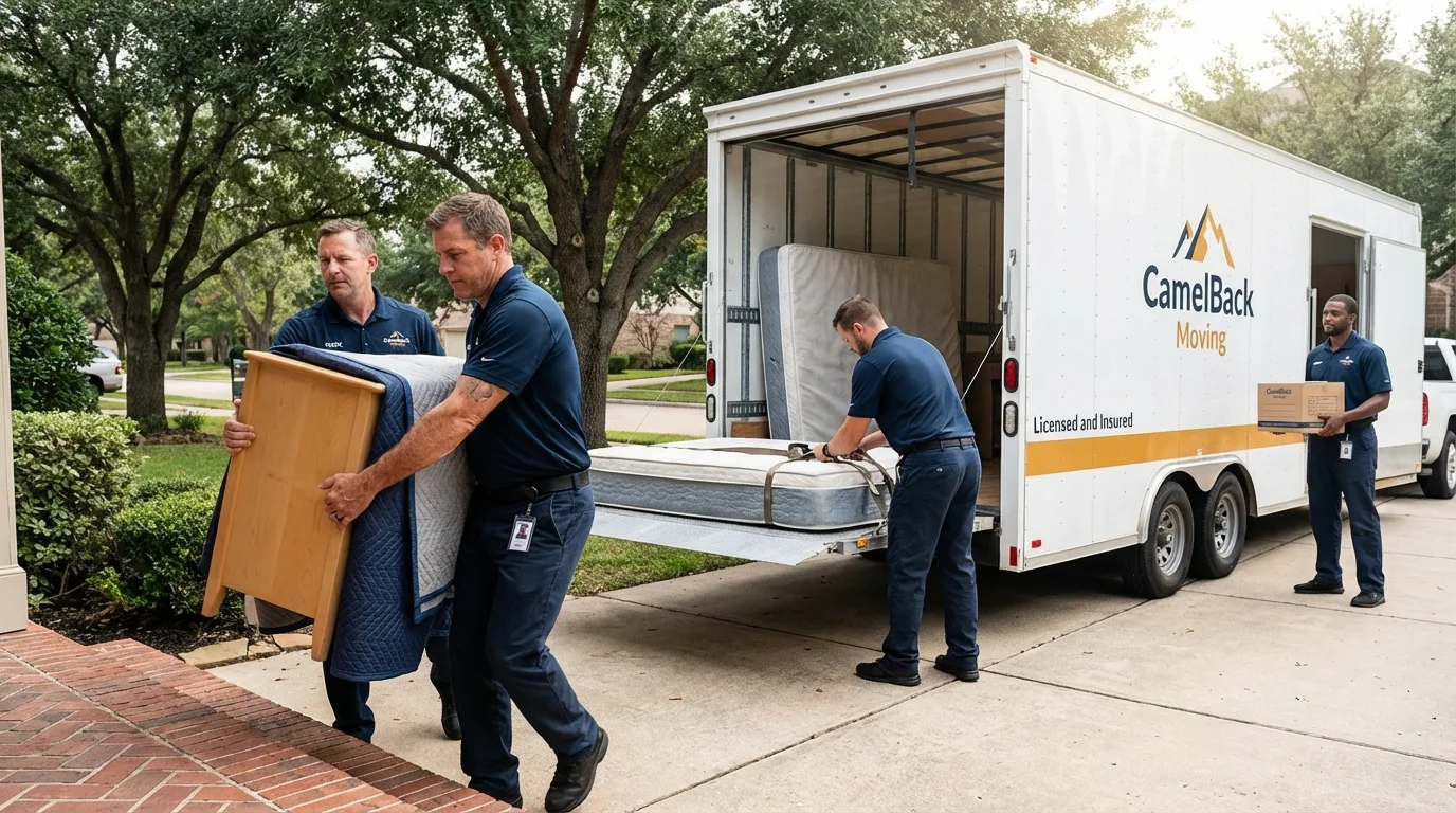 Crew loading residential truck for cross-state move from Tulare, CA