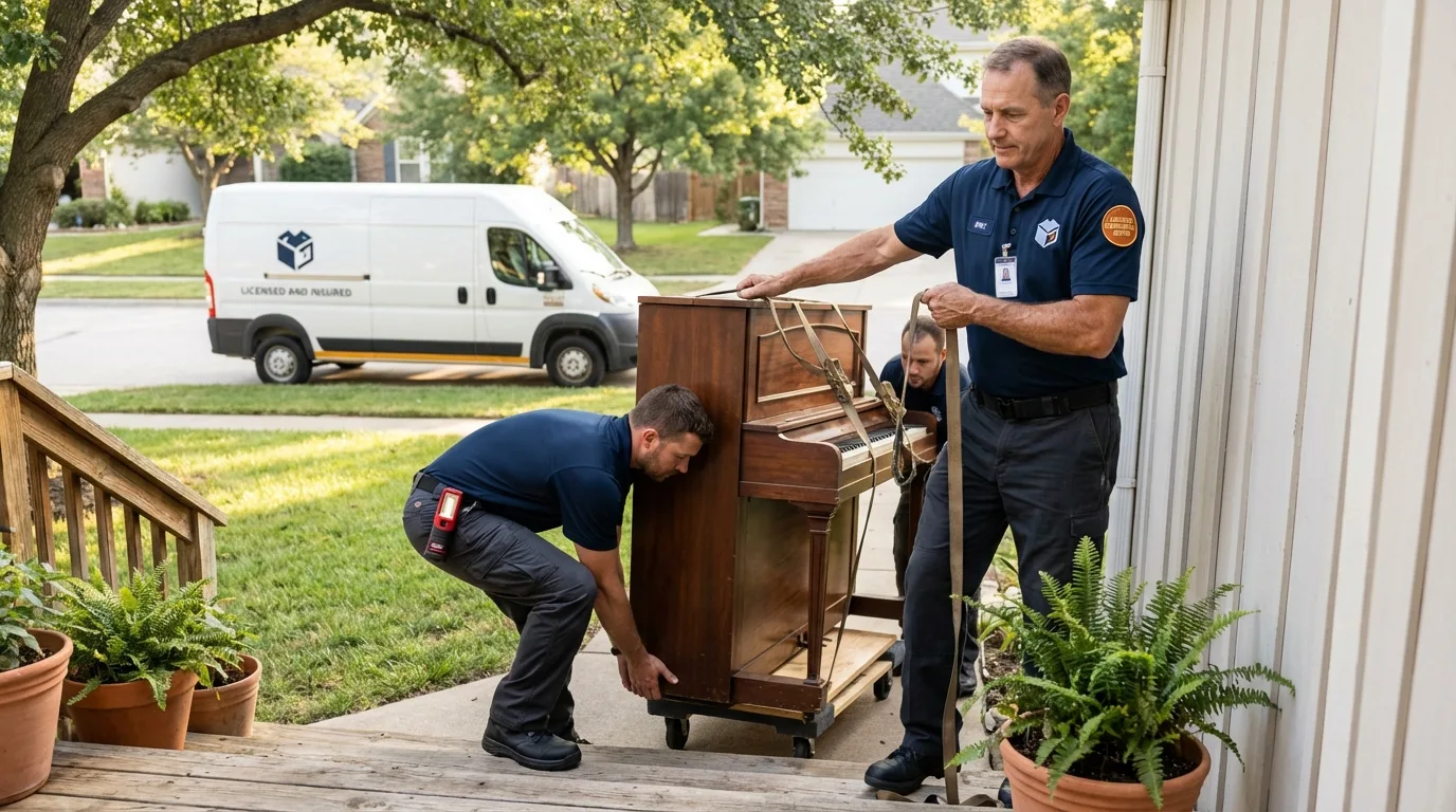 Licensed piano movers securing grand piano in Tulare, CA