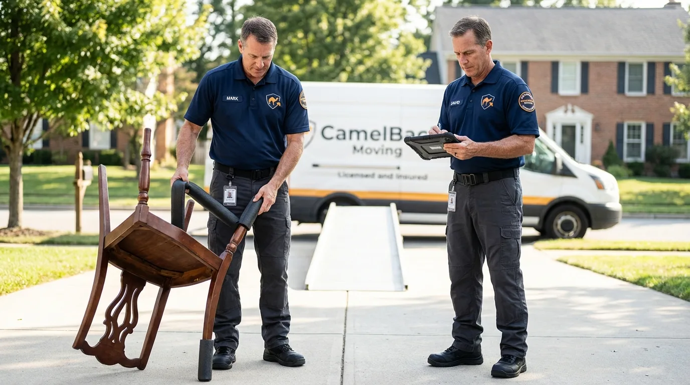 Movers inspecting furniture for damage prevention before loading in Tulare, CA